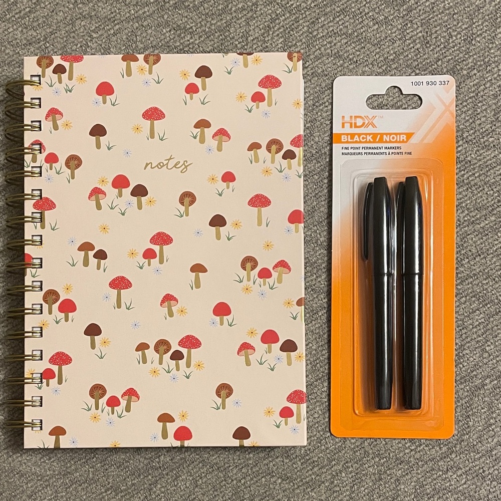 Lady JAYNE Mushroom Coiled Notebook & HDX Black Permanent Markers Set NWT $11